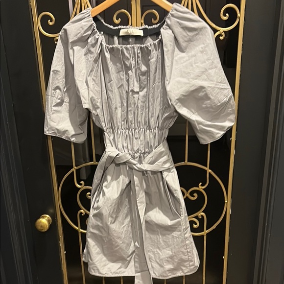 Designer Gray Puff Sleeve Dress with Belt size 40 tela xsmall pockets